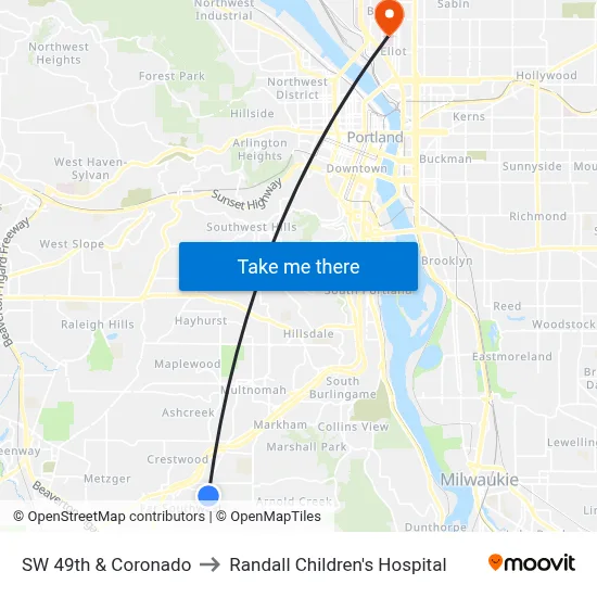 SW 49th & Coronado to Randall Children's Hospital map