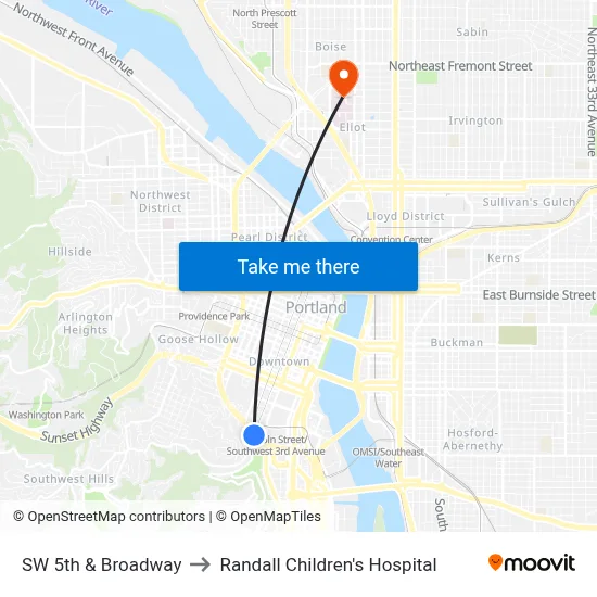 SW 5th & Broadway to Randall Children's Hospital map