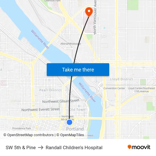 SW 5th & Pine to Randall Children's Hospital map