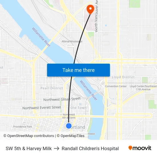 SW 5th & Harvey Milk to Randall Children's Hospital map