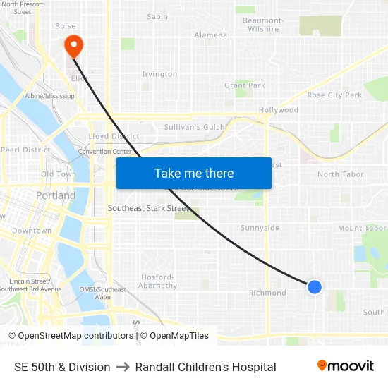 SE 50th & Division to Randall Children's Hospital map