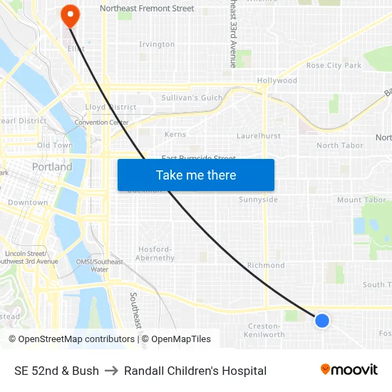 SE 52nd & Bush to Randall Children's Hospital map