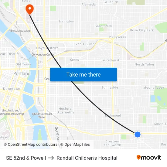 SE 52nd & Powell to Randall Children's Hospital map