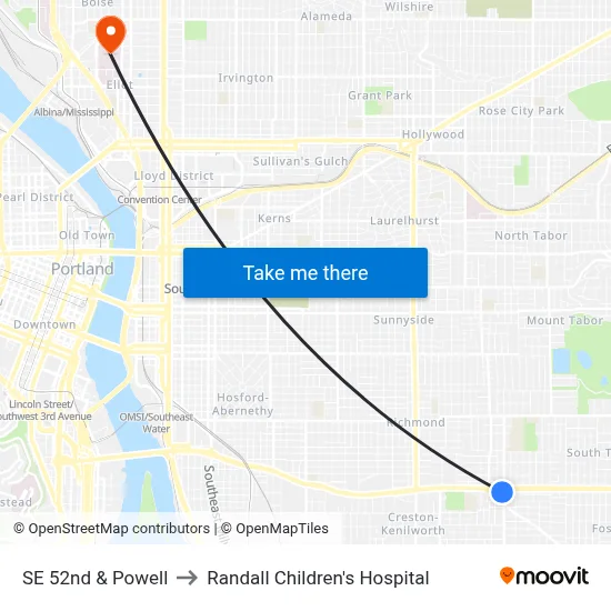 SE 52nd & Powell to Randall Children's Hospital map