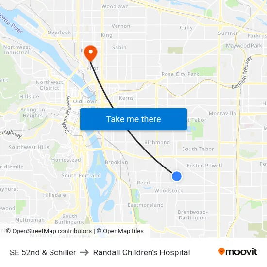 SE 52nd & Schiller to Randall Children's Hospital map
