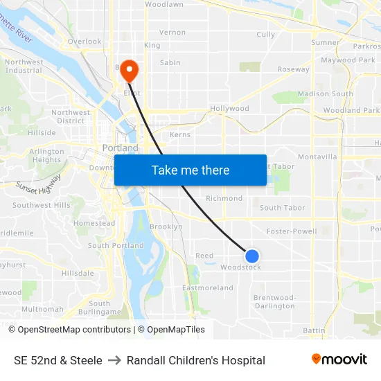 SE 52nd & Steele to Randall Children's Hospital map