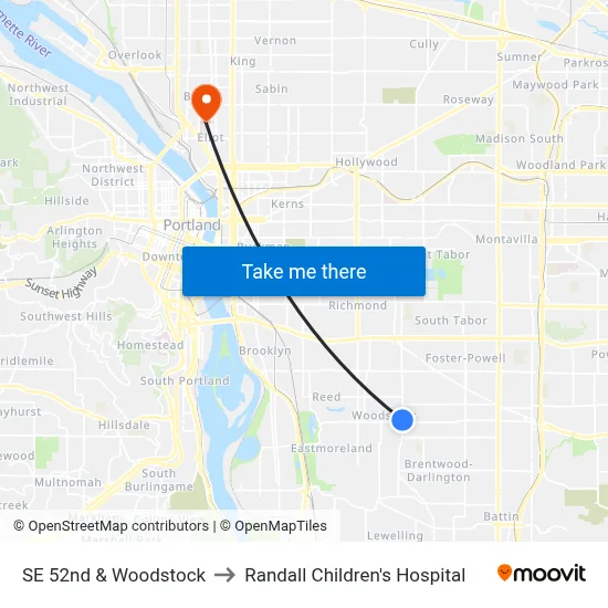 SE 52nd & Woodstock to Randall Children's Hospital map