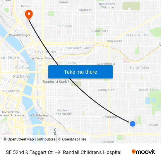 SE 52nd & Taggart Ct to Randall Children's Hospital map