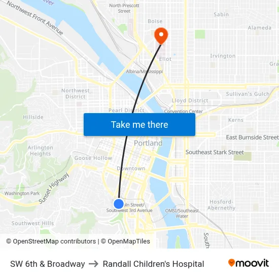 SW 6th & Broadway to Randall Children's Hospital map