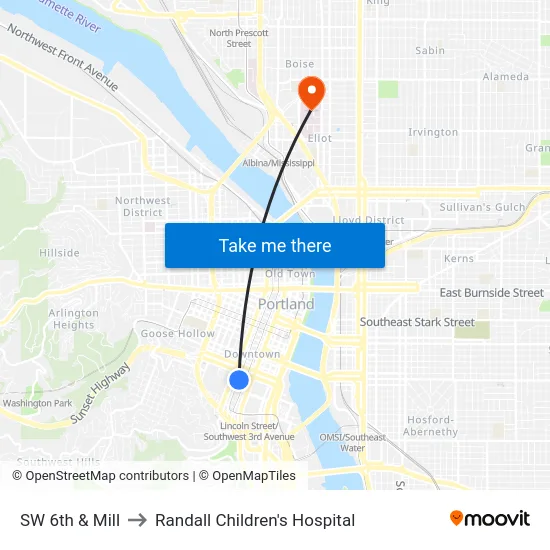 SW 6th & Mill to Randall Children's Hospital map