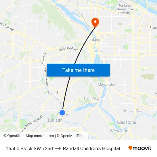 16500 Block SW 72nd to Randall Children's Hospital map