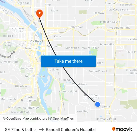 SE 72nd & Luther to Randall Children's Hospital map
