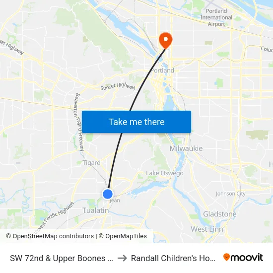 SW 72nd & Upper Boones Ferry to Randall Children's Hospital map