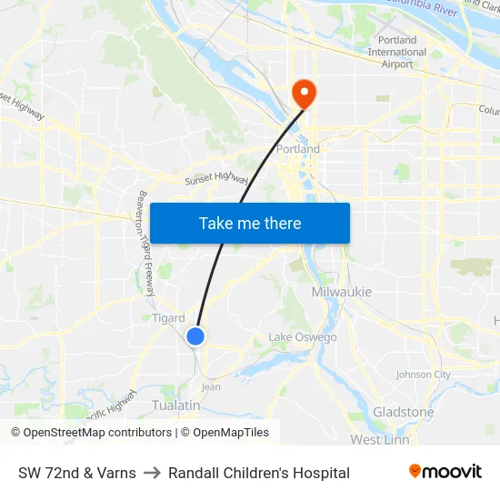 SW 72nd & Varns to Randall Children's Hospital map