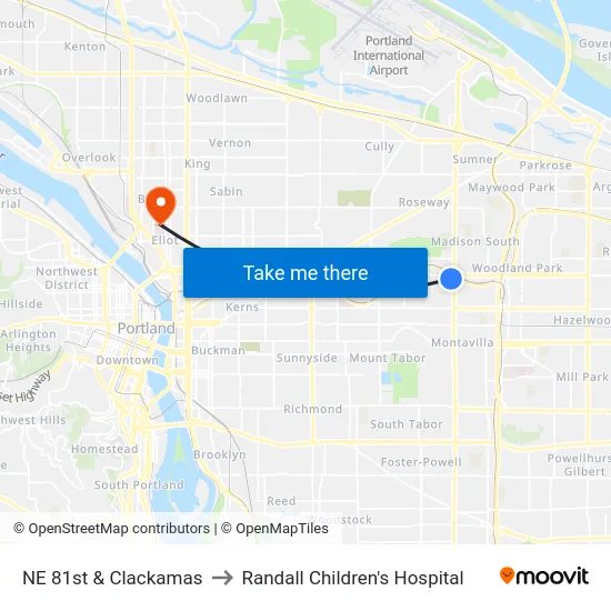 NE 81st & Clackamas to Randall Children's Hospital map