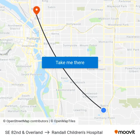 SE 82nd & Overland to Randall Children's Hospital map