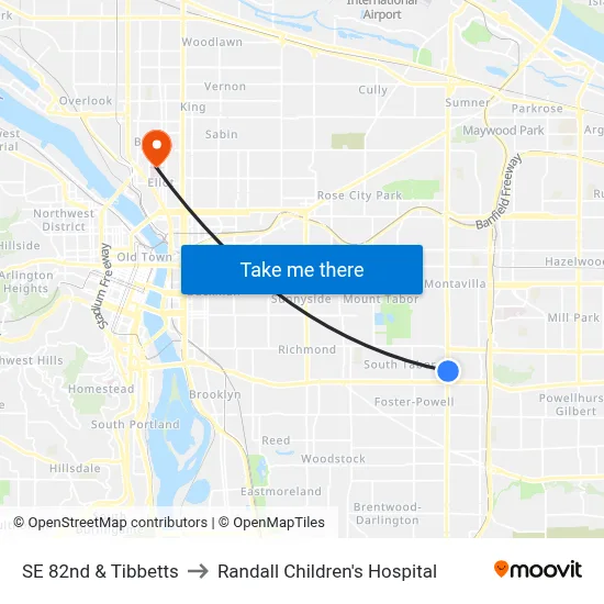 SE 82nd & Tibbetts to Randall Children's Hospital map