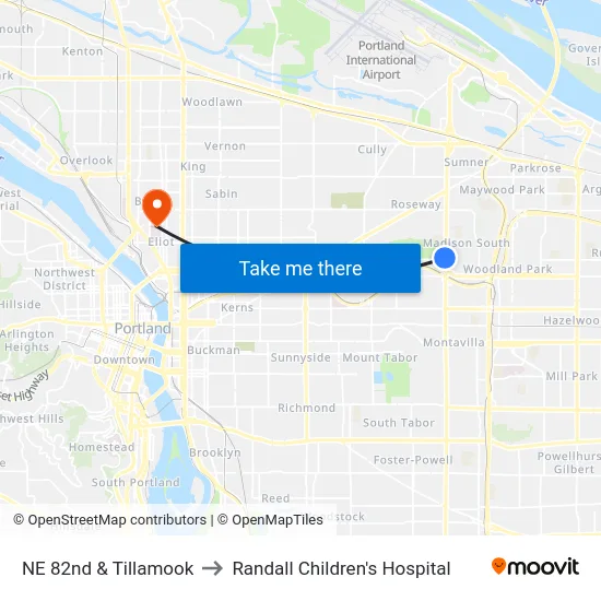 NE 82nd & Tillamook to Randall Children's Hospital map
