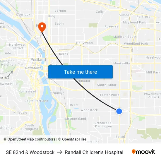 SE 82nd & Woodstock to Randall Children's Hospital map