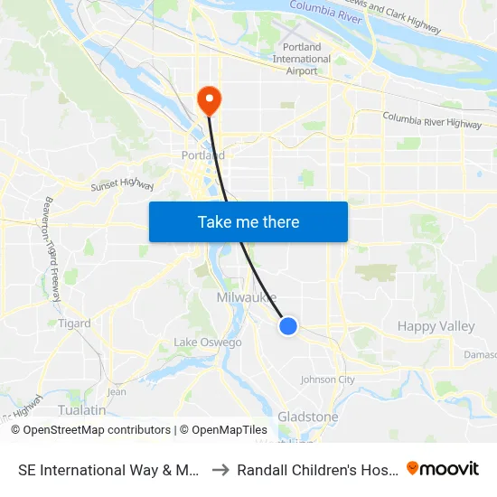 SE International Way & Mallard to Randall Children's Hospital map