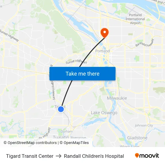 Tigard Transit Center to Randall Children's Hospital map