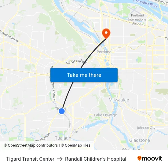 Tigard Transit Center to Randall Children's Hospital map