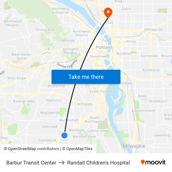 Barbur Transit Center to Randall Children's Hospital map