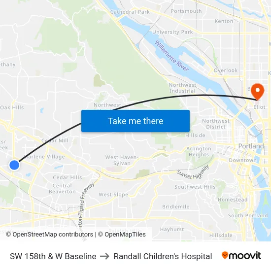 SW 158th & W Baseline to Randall Children's Hospital map