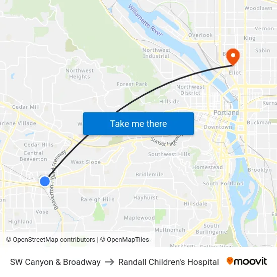 SW Canyon & Broadway to Randall Children's Hospital map