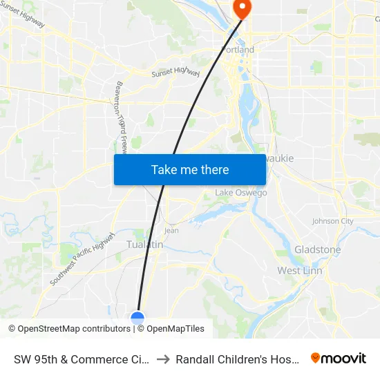 SW 95th & Commerce Circle to Randall Children's Hospital map