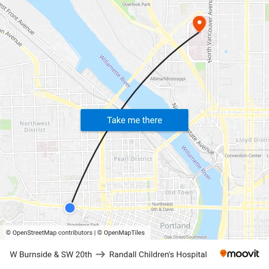 W Burnside & SW 20th to Randall Children's Hospital map