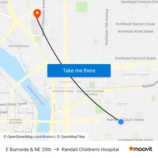 E Burnside & NE 20th to Randall Children's Hospital map