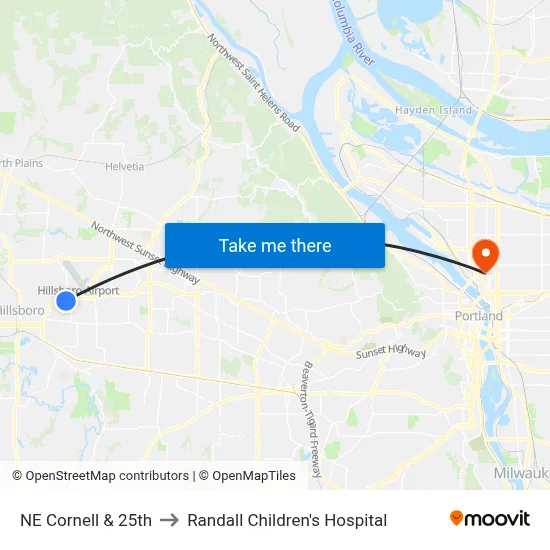 NE Cornell & 25th to Randall Children's Hospital map