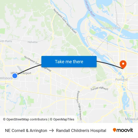 NE Cornell & Arrington to Randall Children's Hospital map