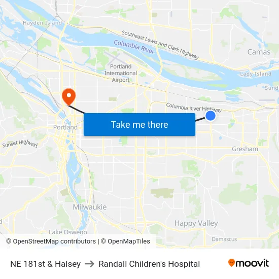 NE 181st & Halsey to Randall Children's Hospital map