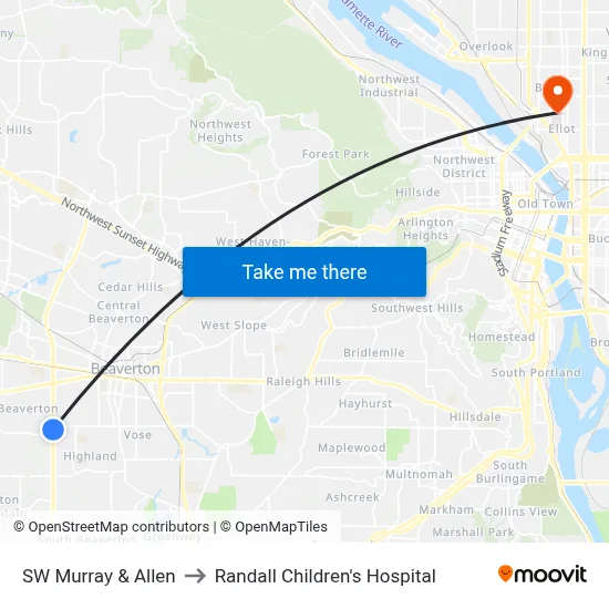 SW Murray & Allen to Randall Children's Hospital map