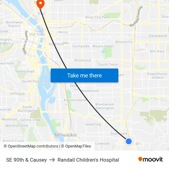 SE 90th & Causey to Randall Children's Hospital map