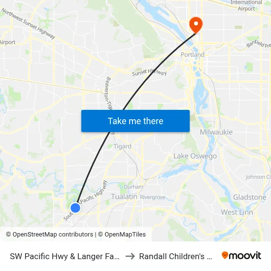 SW Pacific Hwy & Langer Farms Pkwy to Randall Children's Hospital map