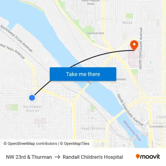 NW 23rd & Thurman to Randall Children's Hospital map