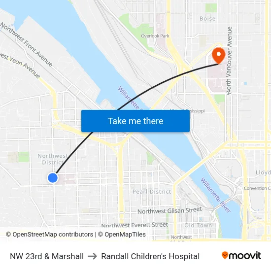 NW 23rd & Marshall to Randall Children's Hospital map