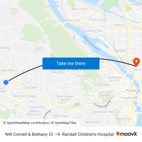 NW Cornell & Bethany Ct to Randall Children's Hospital map