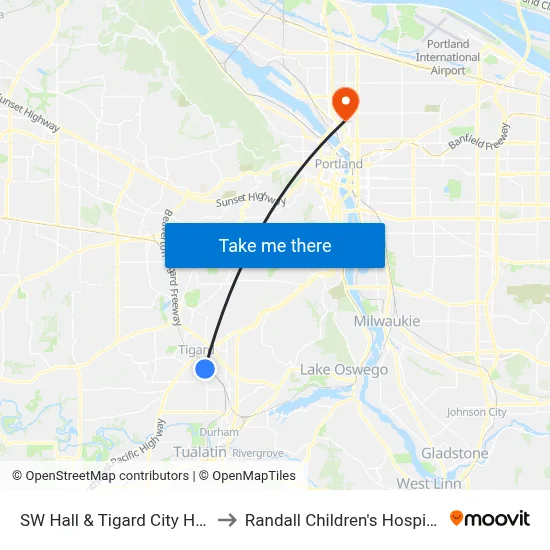 SW Hall & Tigard City Hall to Randall Children's Hospital map