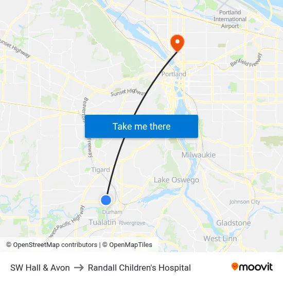 SW Hall & Avon to Randall Children's Hospital map
