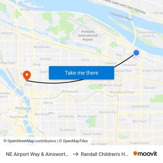NE Airport Way & Ainsworth Circle to Randall Children's Hospital map