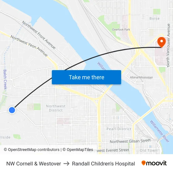 NW Cornell & Westover to Randall Children's Hospital map