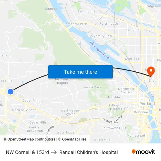 NW Cornell & 153rd to Randall Children's Hospital map