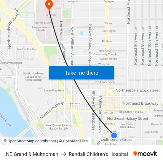 NE Grand & Multnomah to Randall Children's Hospital map
