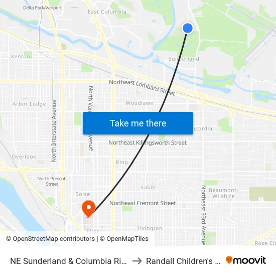 NE Sunderland & Columbia River Corr Inst to Randall Children's Hospital map