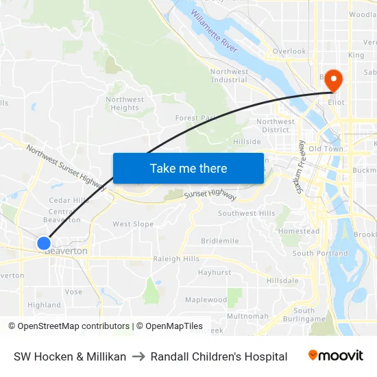 SW Hocken & Millikan to Randall Children's Hospital map