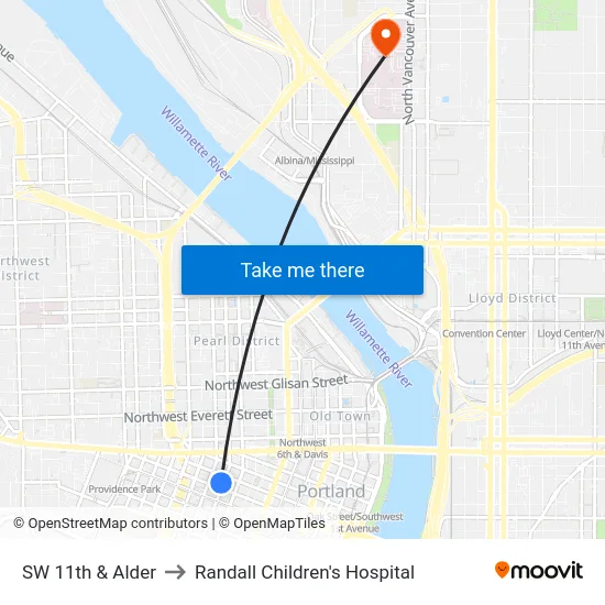 SW 11th & Alder to Randall Children's Hospital map